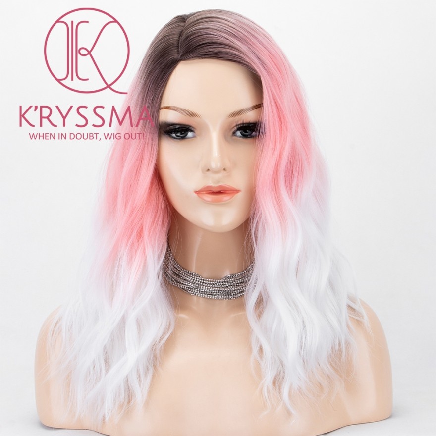 None Lace Synthetic Wigs Short Bob Wig Ombre Pink To White Dark Roots 3  Tones Wavy