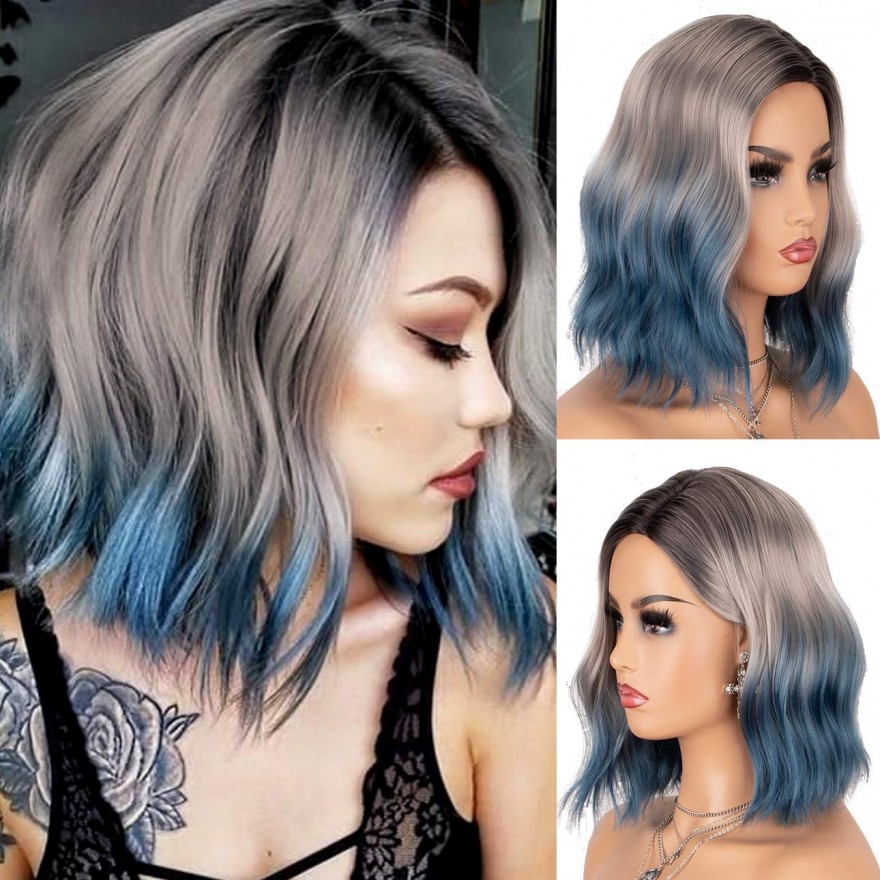 blue wig with roots