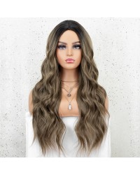 K'ryssma Ombre Brown Wig with Dark Roots Middle Parting Wavy Long Synthetic Wig Full Machine Made 22 inches