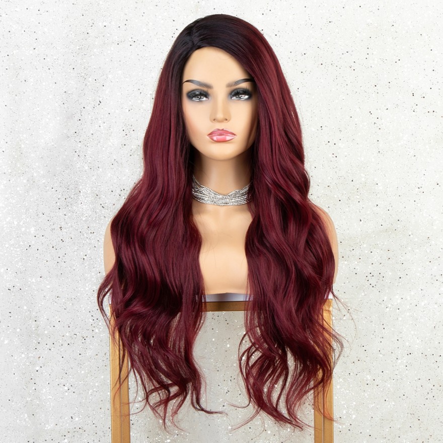 Ombre Wine Red Long Wavy Synthetic Non-Lace Wigs Burgundy 99j 22 Inches