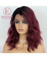 Burgundy Red Wine Ombre Wavy Synthetic Wig Short Bob L Part Lace Wigs with Dark Roots