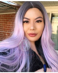 Ombre Purple Long Straight Synthetic Non-Lace Wigs with Black Roots 22 inch 