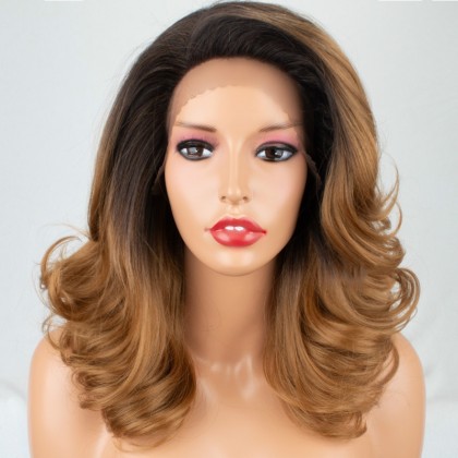 Ombre Brown Shoulder Length Wavy L Part Wig with Dark Roots