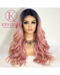 Pink Lace Front Wig Ombre with Dark Roots T Part Medium Length Wavy Synthetic Wigs