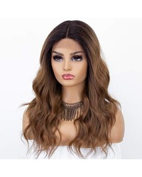 Ombre Brown Long Wavy Lace Front Wig | Dark Roots | T Part Deep Middle Part | Heat Resistant 16 Inches