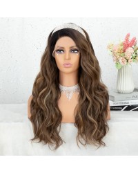 Ombre Brown Lace Front Wig Long Wavy Hightlight Brown Wigs with 4 inch Side L Part Synthetic Wigs for Women 22 inch