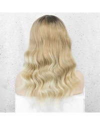 Ombre Blonde Long Wavy Synthetic Wig Glueless Natural Looking with Middle Parting & Dark Roots