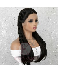 Black Long Natural Straight Lace Front Wig Gluless Synthetic Wig with Natural Hairline 