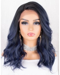 Blue Lace Front Wig Ombre with Black Roots Short Wavy Bob Synthetic Wig L Part Deep Side Parting Short Bob Wigs for Women