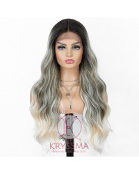 Ombre Gray With Ash Blonde Highlight Synthetic Wig Long Wavy Lace Front Wig 4 Tones with Middle Parting Most Natural Look