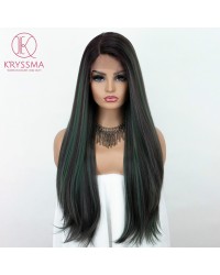 28 Inches Mixed Green lace front wigs Ombre Dark Roots Medium Length L Part Straight Synthetic Wigs Mixed Color Side Deep Parting