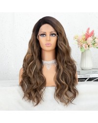 Ombre Brown Lace Front Wig Long Wavy Hightlight Brown Wigs with 4 inch Side L Part Synthetic Wigs for Women 22 inch