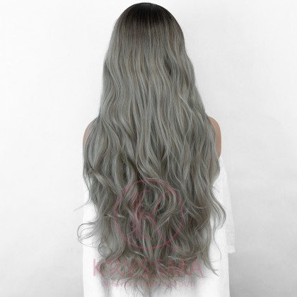 Ombre Grey Long Wavy Synthetic Wig with L Part Dark Roots