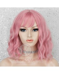 Short Bob Wig with Bangs Glueless Wavy Pink Synthetic Wigs Short Bob Wig for Cosplay (14 Inches)