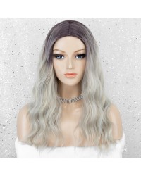 Ombre Ash Blonde Long Wavy Synthetic Wig Glueless Natural Looking with Dark Roots