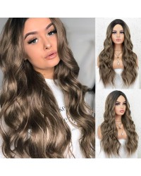 K'ryssma Ombre Brown Wig with Dark Roots Middle Parting Wavy Long Synthetic Wig Full Machine Made 22 inches