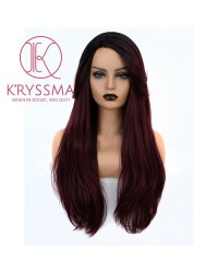 Ombre Burgundy Long Natural Straight Synthetic Wig with Bangs 20 Inches 